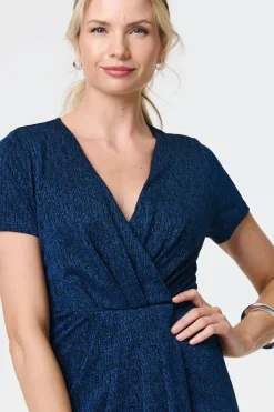 Sparkly Ruched Short Sleeve Midi Dress