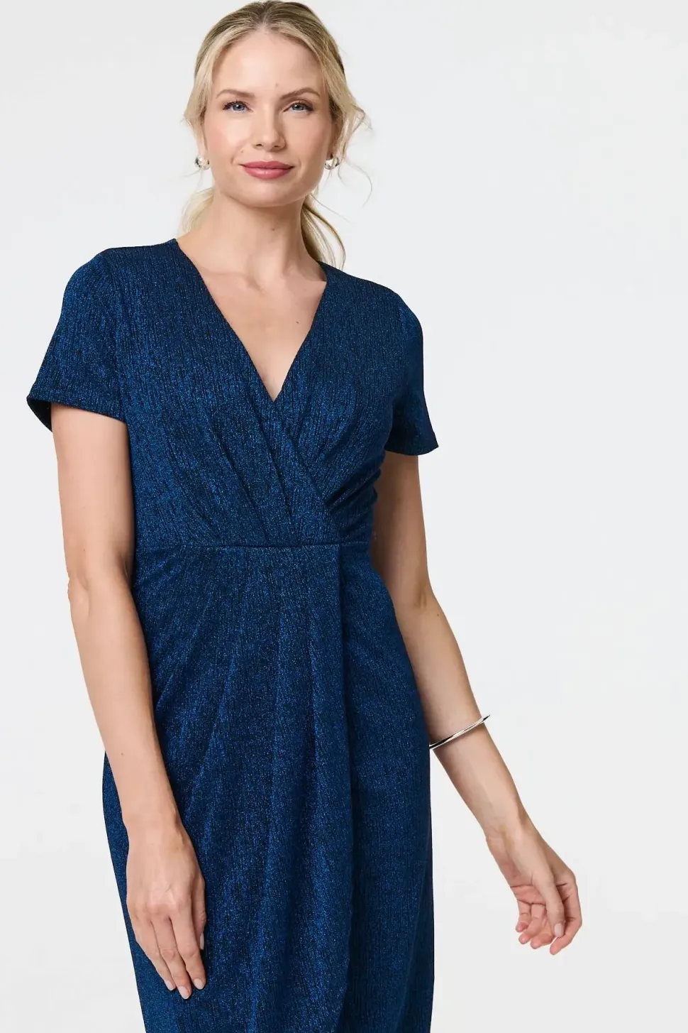 Sparkly Ruched Short Sleeve Midi Dress