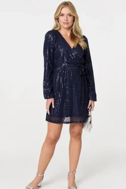 Sparkly Sequin Long Sleeve Mini Wrap Dress