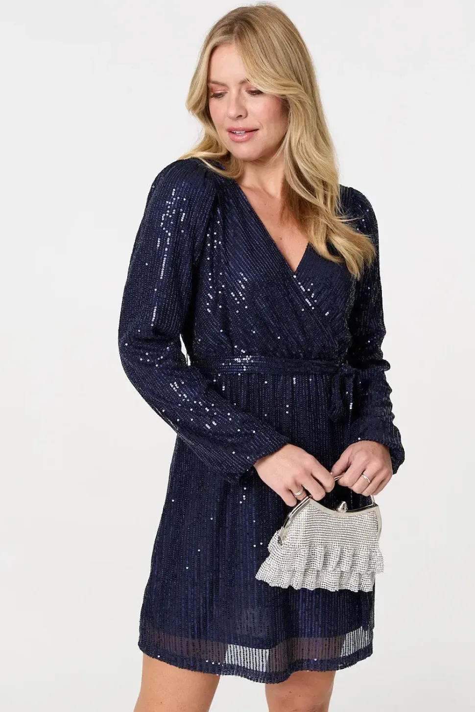 Sparkly Sequin Long Sleeve Mini Wrap Dress