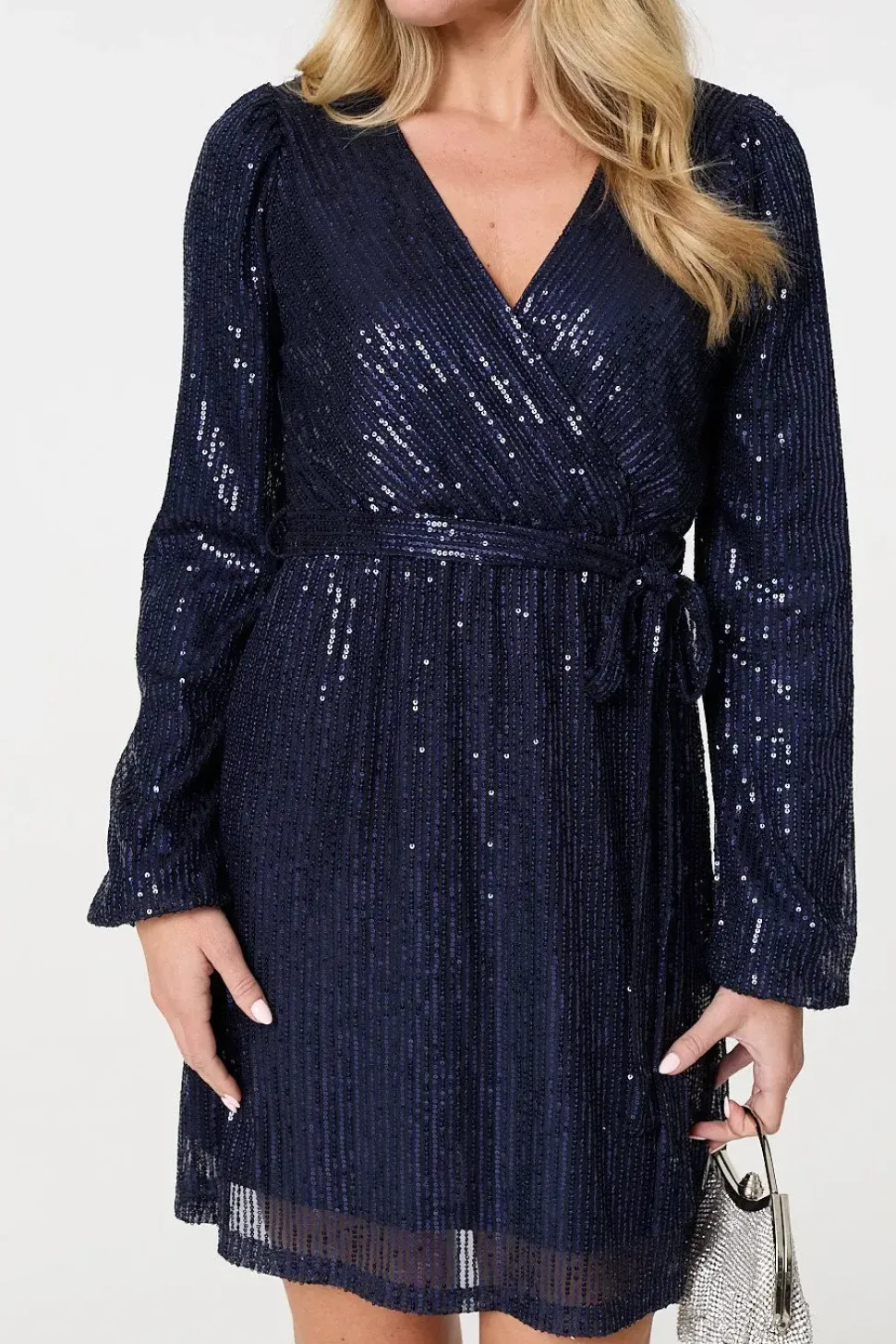 Sparkly Sequin Long Sleeve Mini Wrap Dress