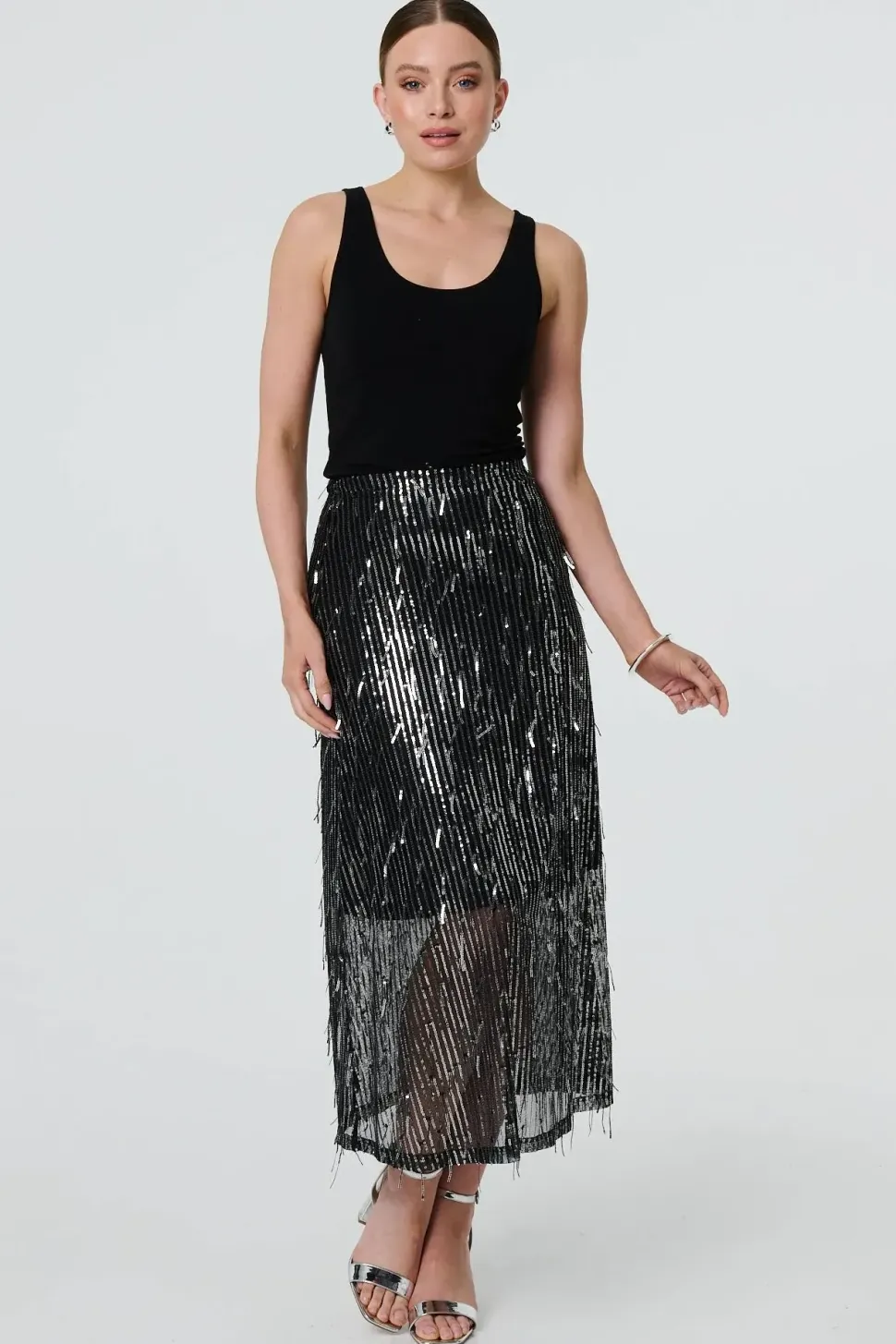 Sparkly Striped Mesh Layer Midi Skirt