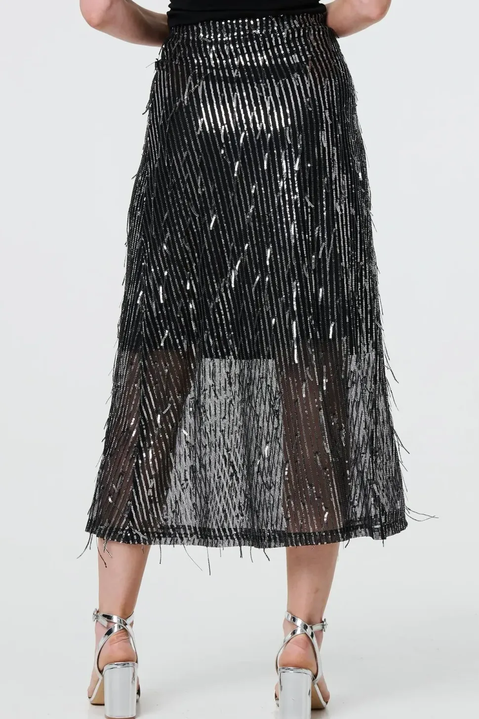 Sparkly Striped Mesh Layer Midi Skirt