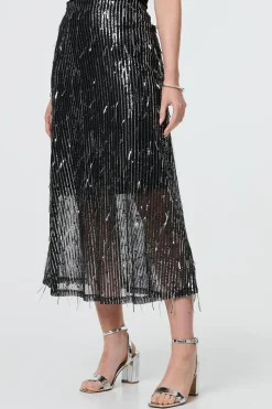 Sparkly Striped Mesh Layer Midi Skirt