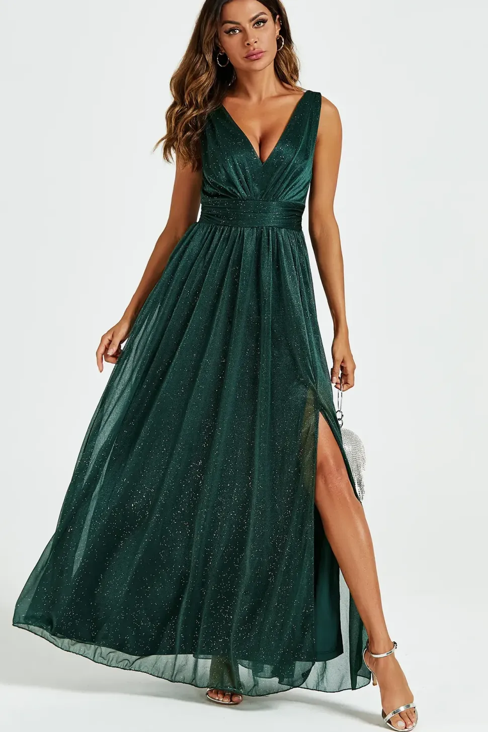 Sparkly V Neck Bridesmaid Maxi Dress In Green