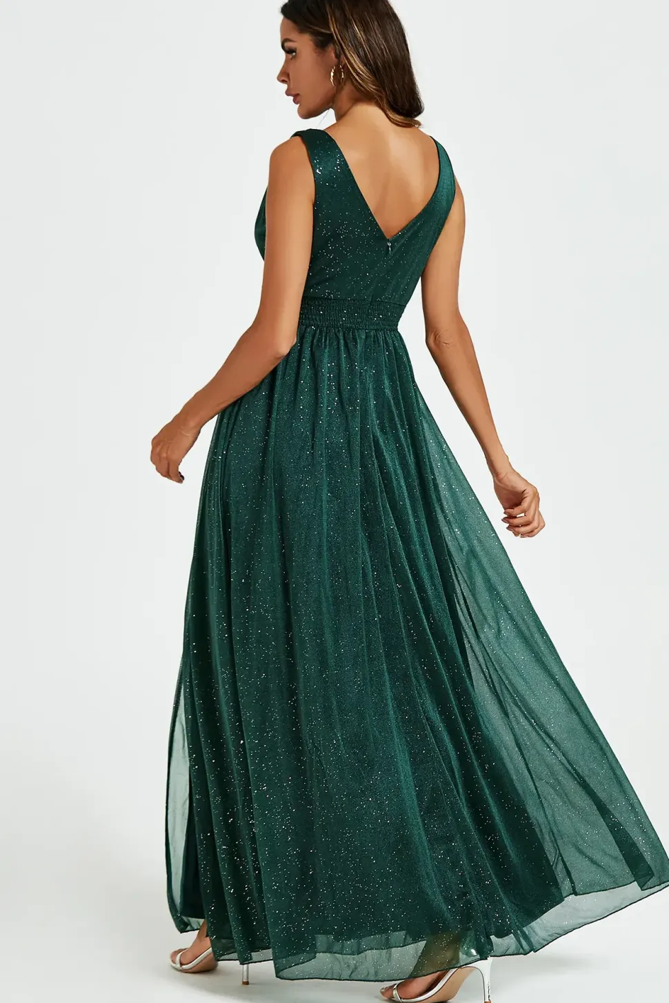 Sparkly V Neck Bridesmaid Maxi Dress In Green