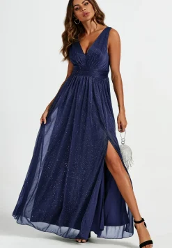 Sparkly V Neck Bridesmaid Maxi Dress In Navy