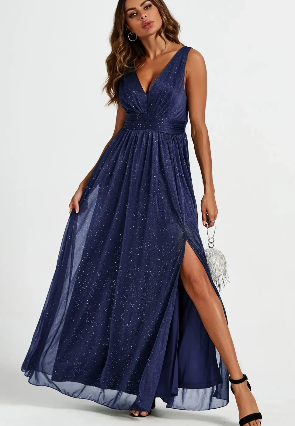 Sparkly V Neck Bridesmaid Maxi Dress In Navy