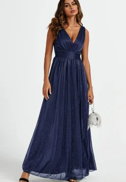 Sparkly V Neck Bridesmaid Maxi Dress In Navy