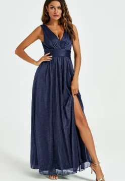 Sparkly V Neck Bridesmaid Maxi Dress In Navy