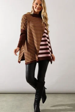 Spliced Striped High Neck Knitted Poncho
