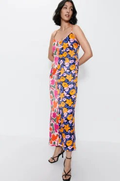 Splice Floral Satin Strappy Dress