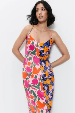 Splice Floral Satin Strappy Dress