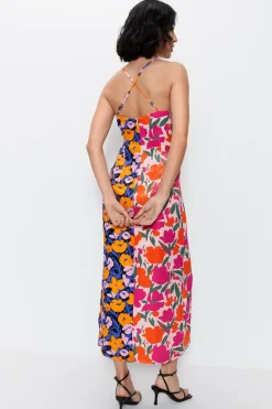 Splice Floral Satin Strappy Dress