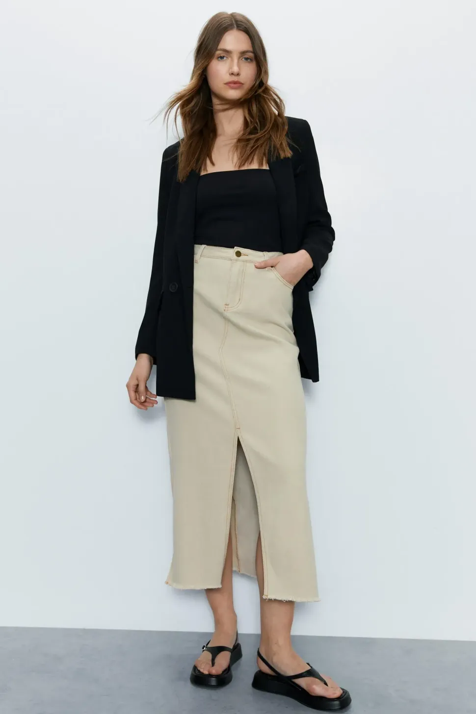 Split Front Denim Maxi Skirt