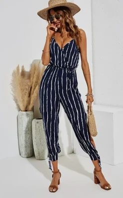 Split Leg Detail White Stripe Jumpsuit In Navy