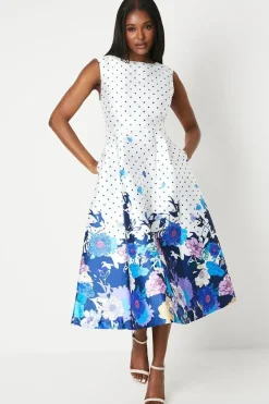 Spot & Floral Placement Print Twill Dress