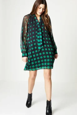 Spot Border Balloon Sleeve Shift Dress
