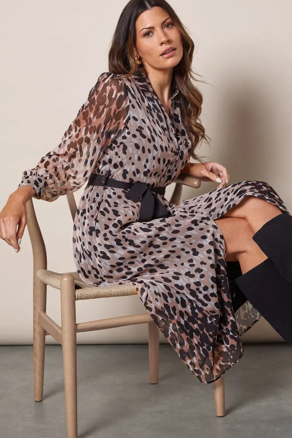 Spot Border Print Belted Shirt Dress