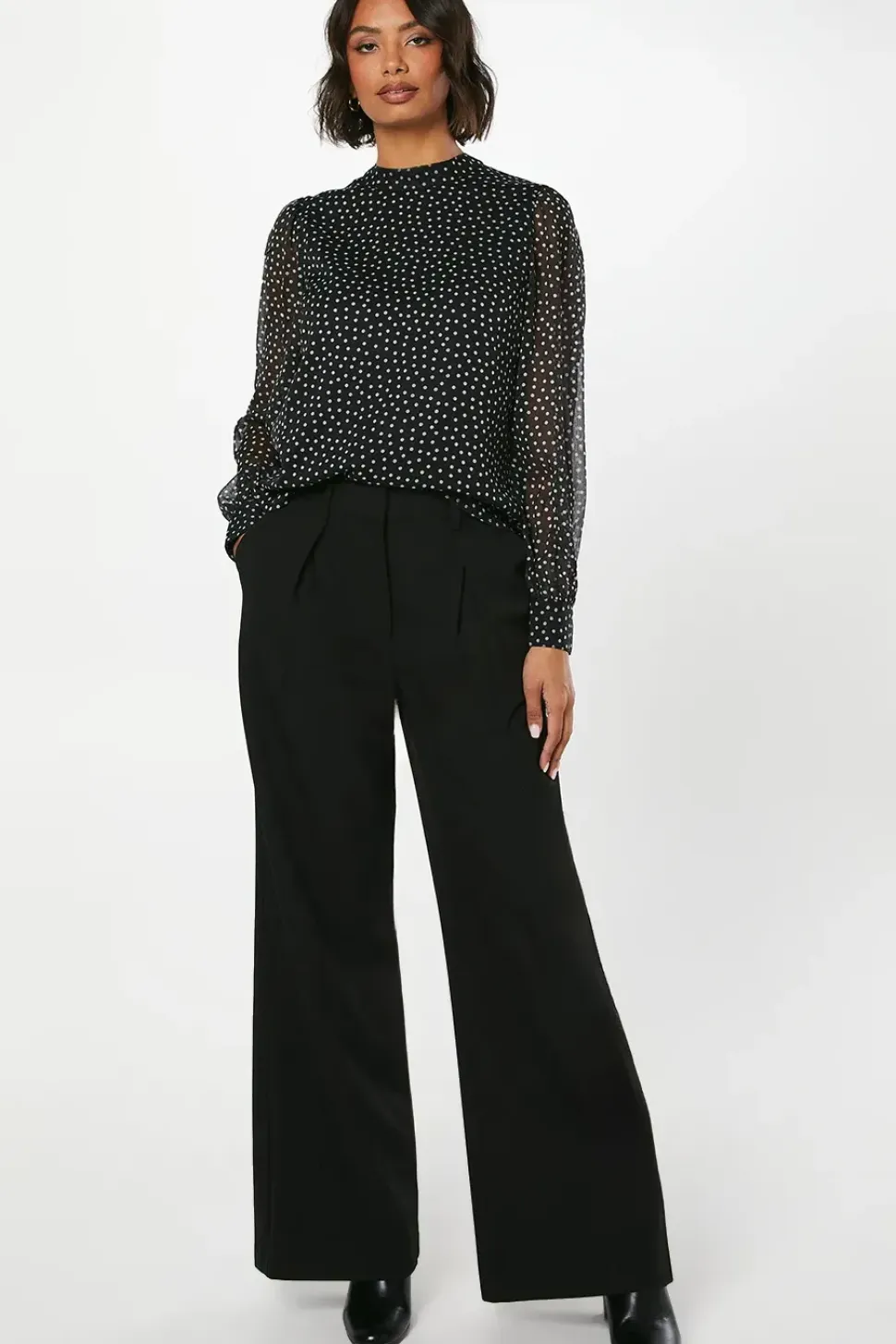 Spot Chiffon High Neck Long Sleeve Blouse