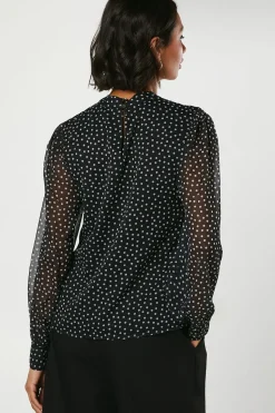 Spot Chiffon High Neck Long Sleeve Blouse