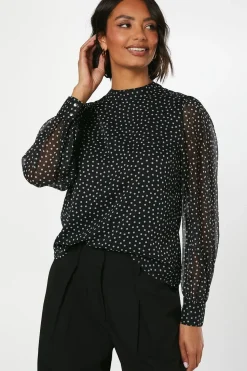 Spot Chiffon High Neck Long Sleeve Blouse