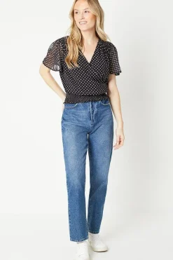 Spot Chiffon Shirred Hem Wrap Blouse