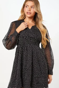 Spot Chiffon Shirred Waist Long Sleeve Mini Dress
