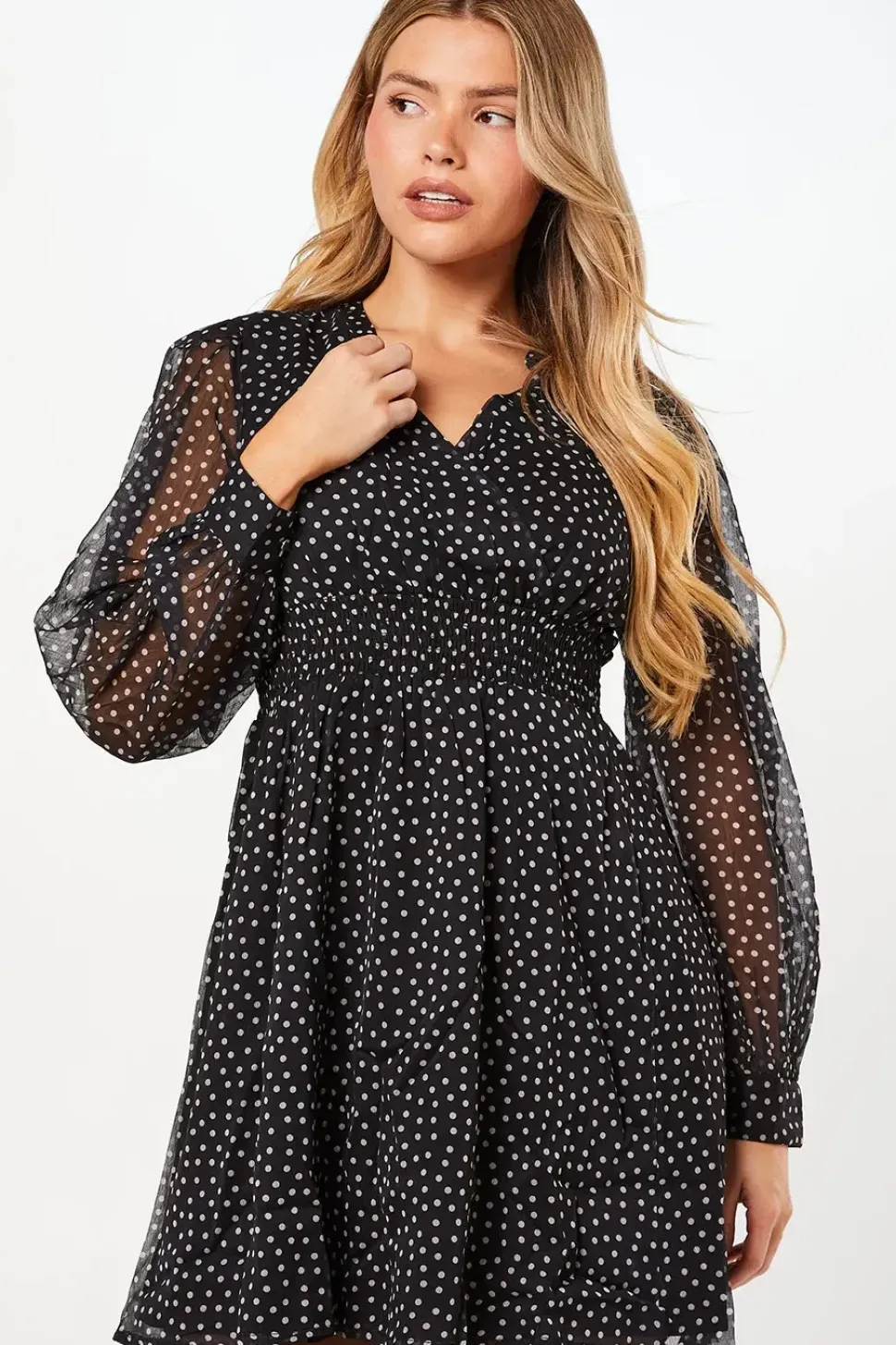 Spot Chiffon Shirred Waist Long Sleeve Mini Dress