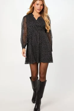 Spot Chiffon Shirred Waist Long Sleeve Mini Dress