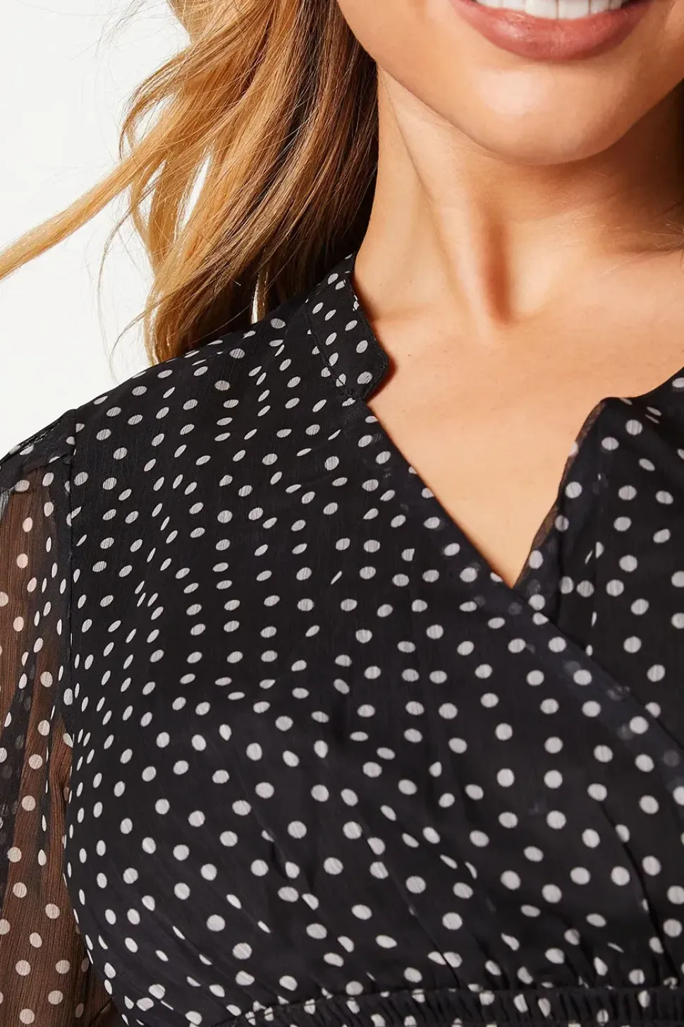 Spot Chiffon Shirred Waist Long Sleeve Mini Dress