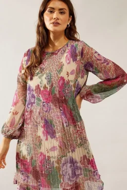 Spot Floral Pleated Shift Dress