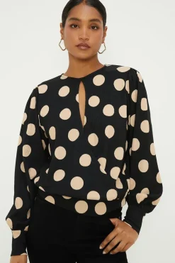 Spot Key Hole Wrap Long Sleeve Top