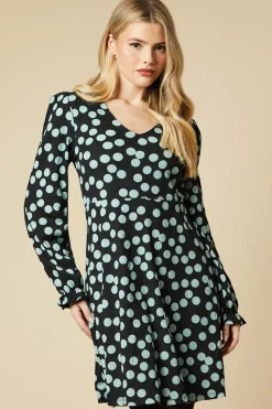 Spot Long Sleeve V Neck Mini Dress