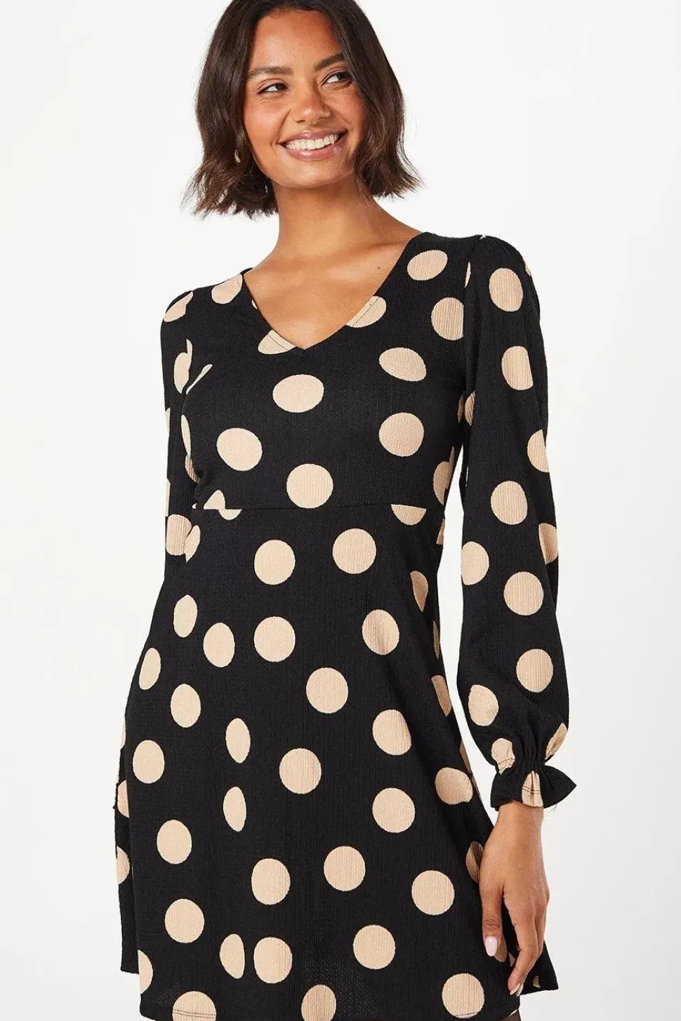 Spot Long Sleeve V Neck Mini Dress