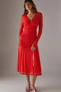 Spot Mesh Gathered Front Plunge Neck Midi Dress