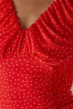 Spot Mesh Gathered Front Plunge Neck Midi Dress