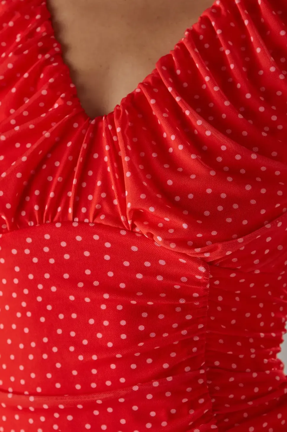 Spot Mesh Gathered Front Plunge Neck Midi Dress