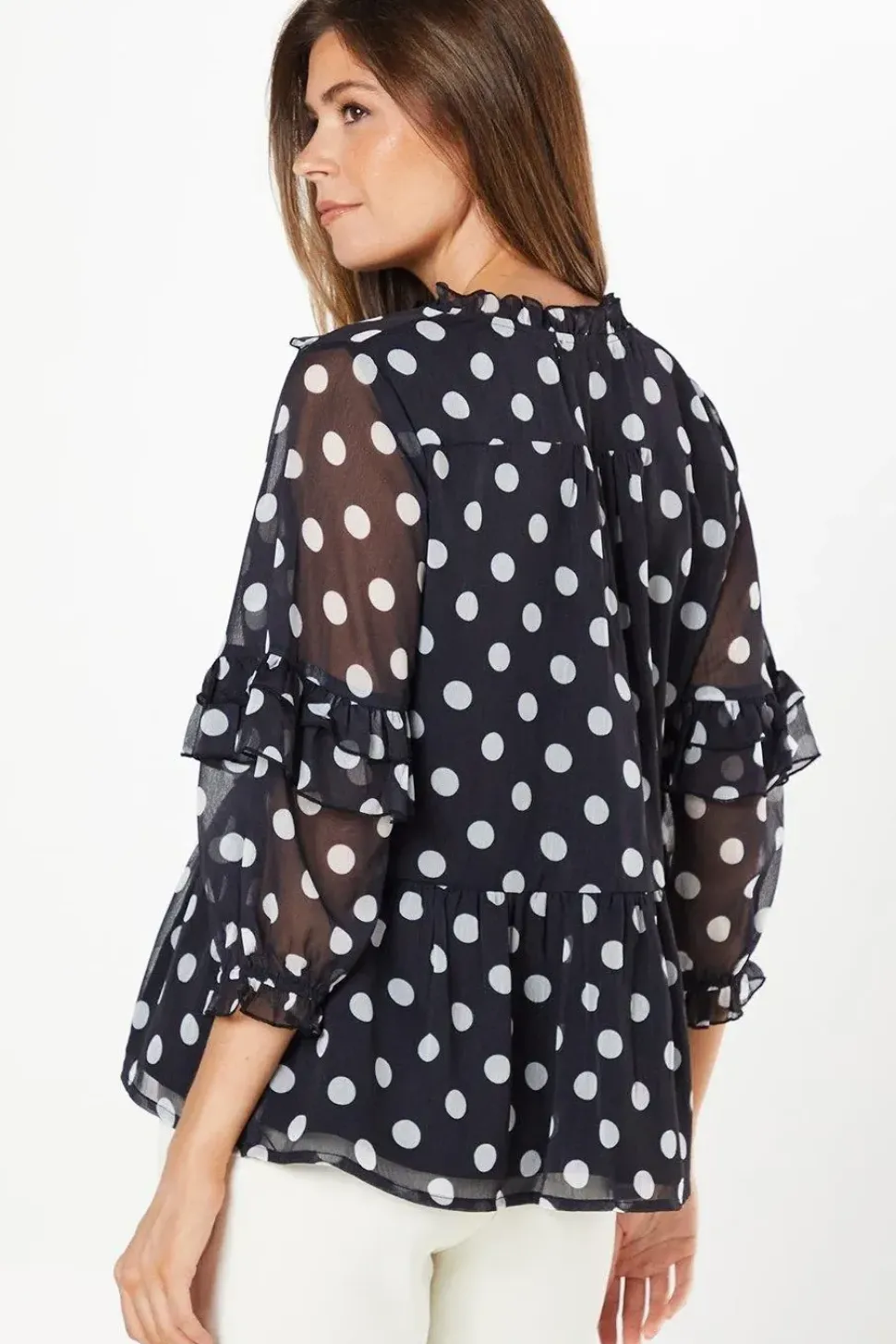 Spot Print Chiffon Ruffle Frill Boho Blouse