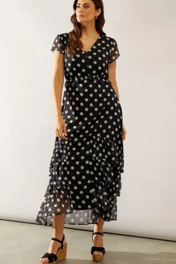 Spot Print Chiffon Ruffle Frill Maxi Dress