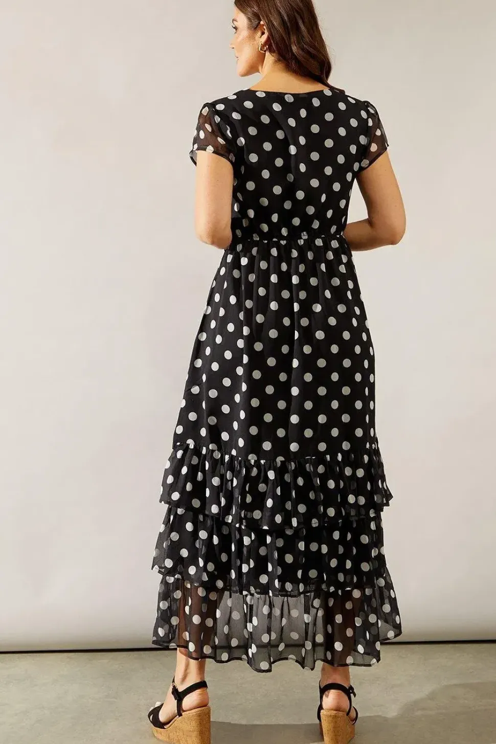 Spot Print Chiffon Ruffle Frill Maxi Dress