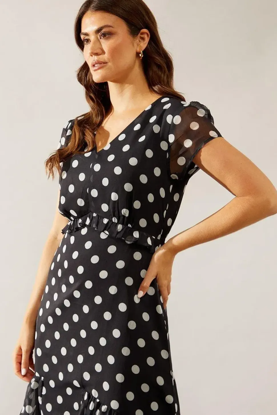 Spot Print Chiffon Ruffle Frill Maxi Dress