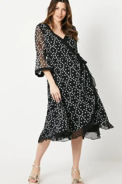 Spot Print Flute Sleeve Wrap Dress