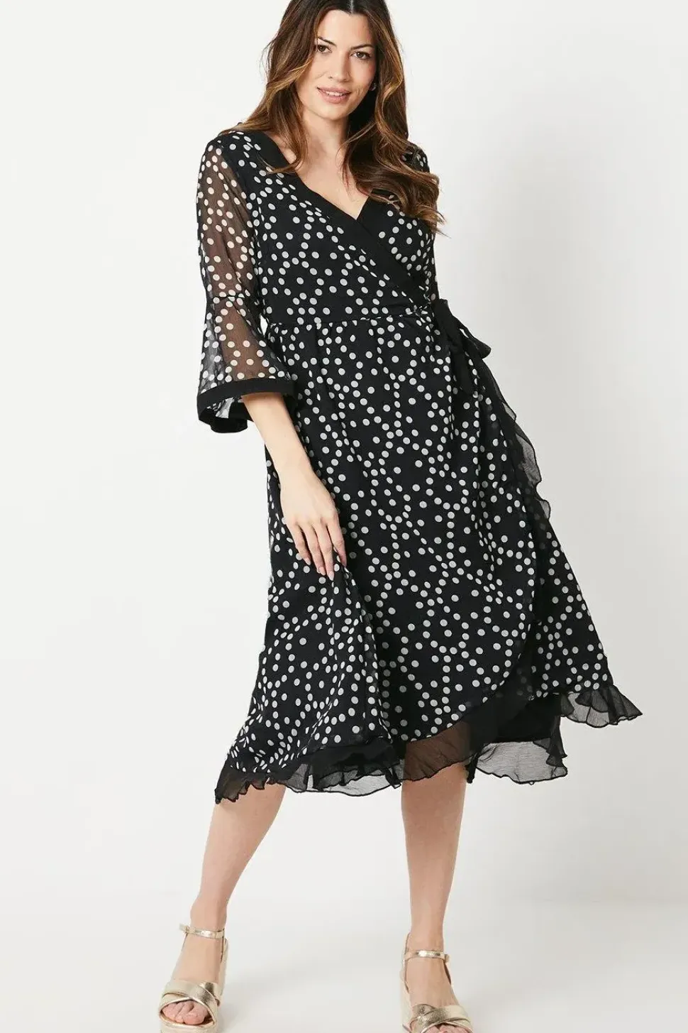 Spot Print Flute Sleeve Wrap Dress