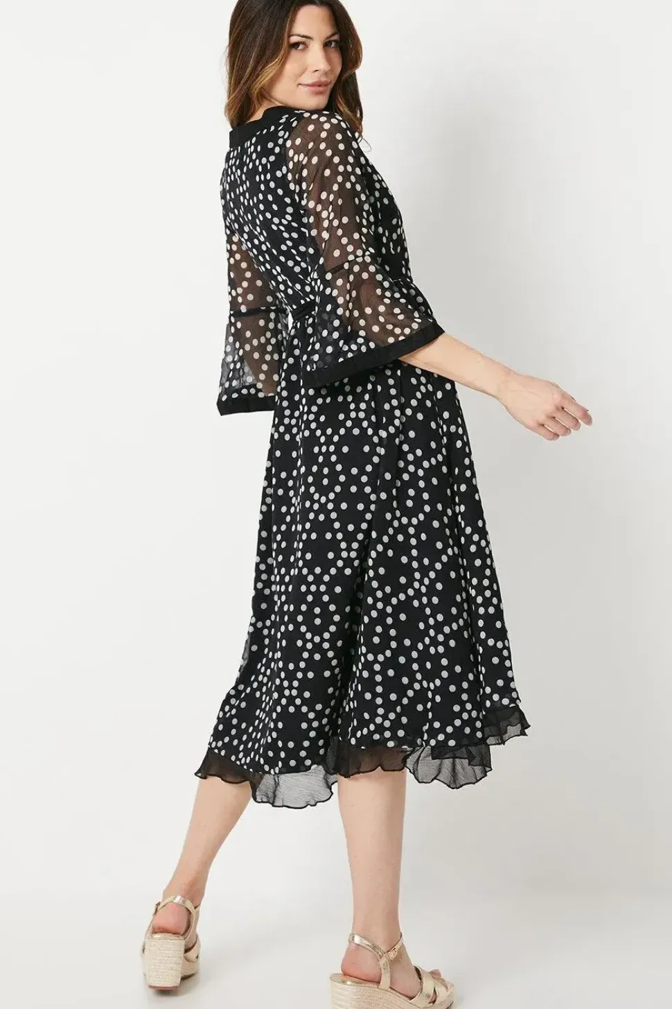 Spot Print Flute Sleeve Wrap Dress