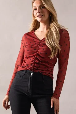 Spot Print Mesh Ruched Detail Top