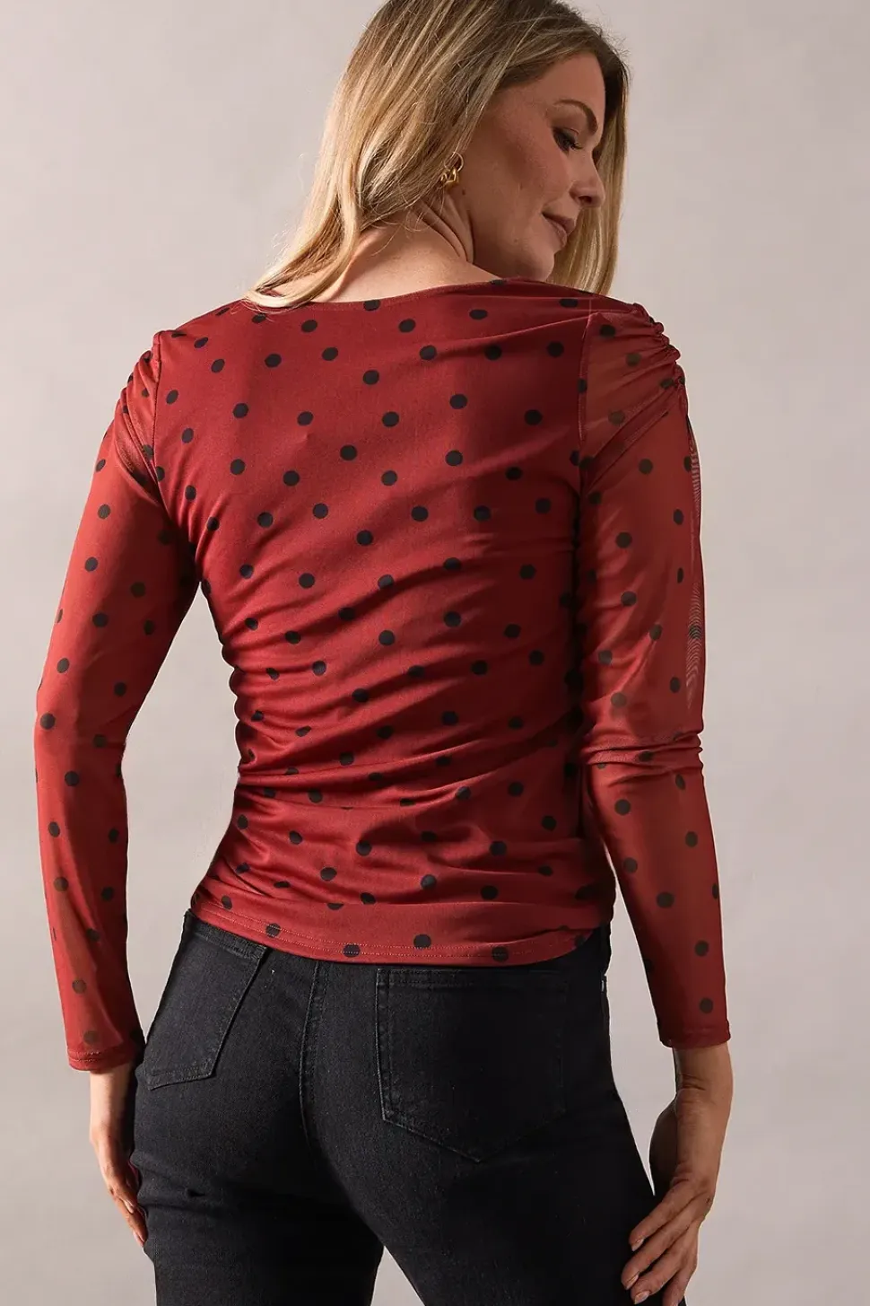 Spot Print Mesh Ruched Detail Top