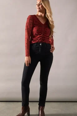 Spot Print Mesh Ruched Detail Top