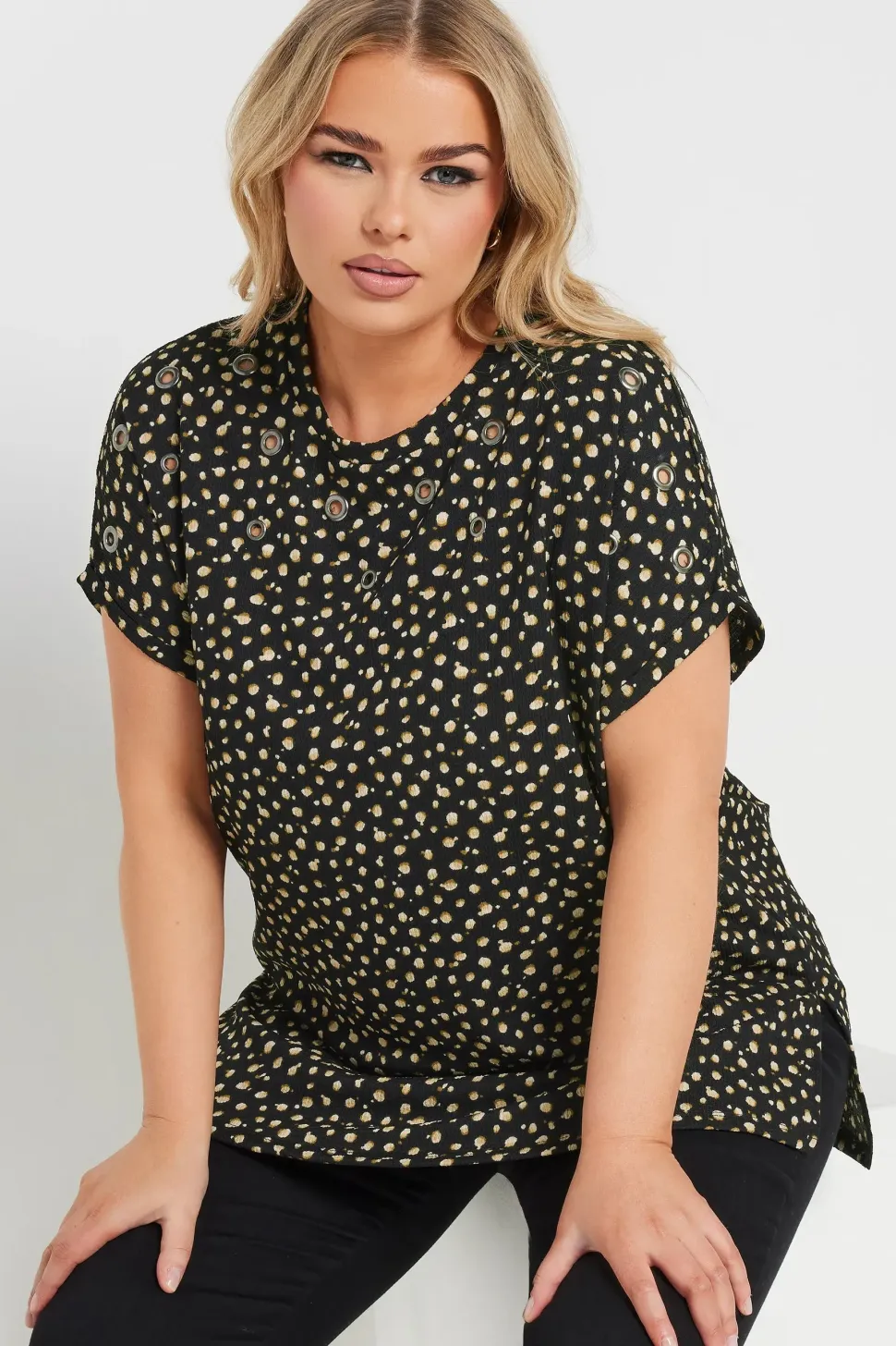 Spot Print Textured Eyelet Top