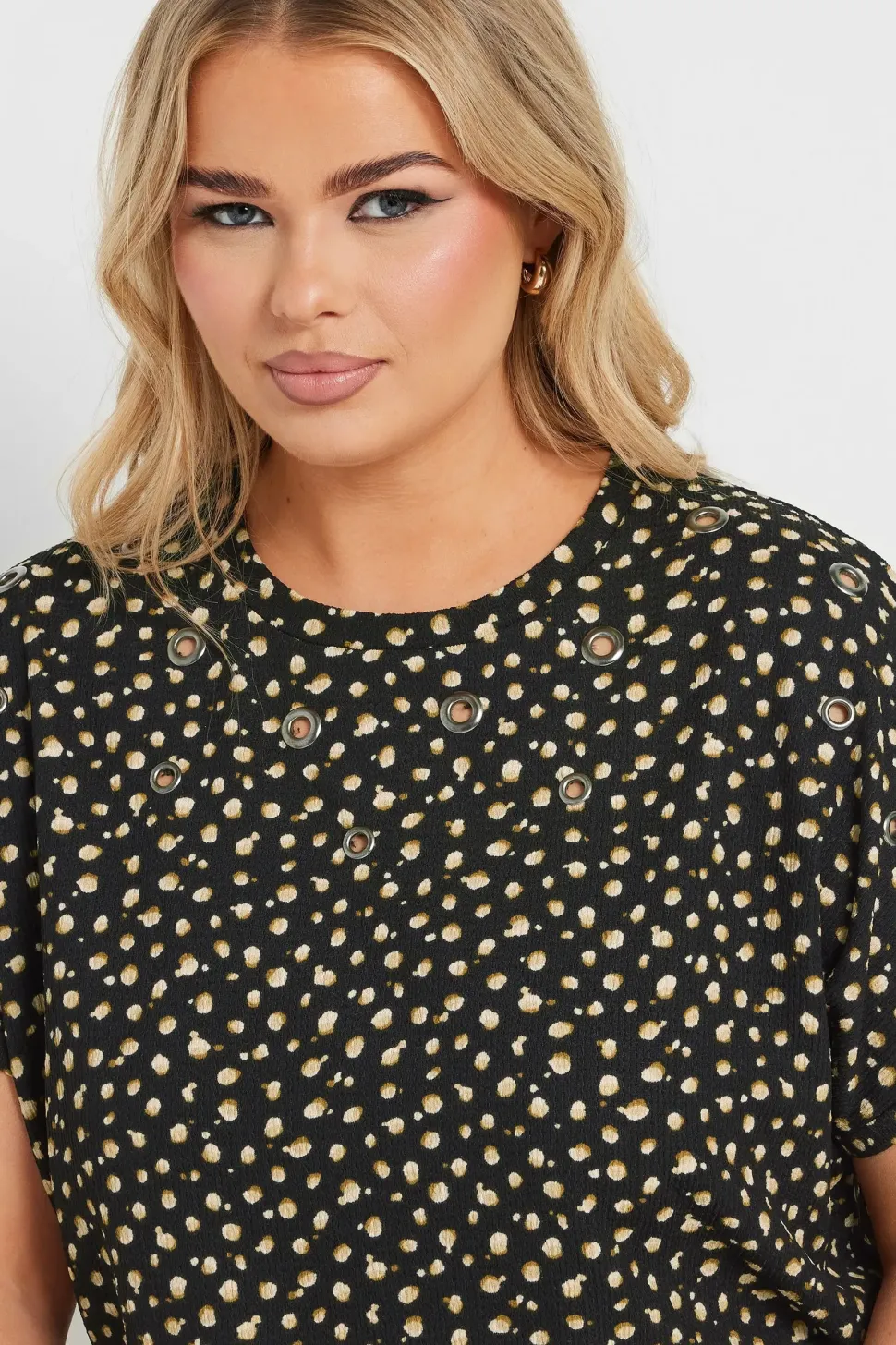 Spot Print Textured Eyelet Top